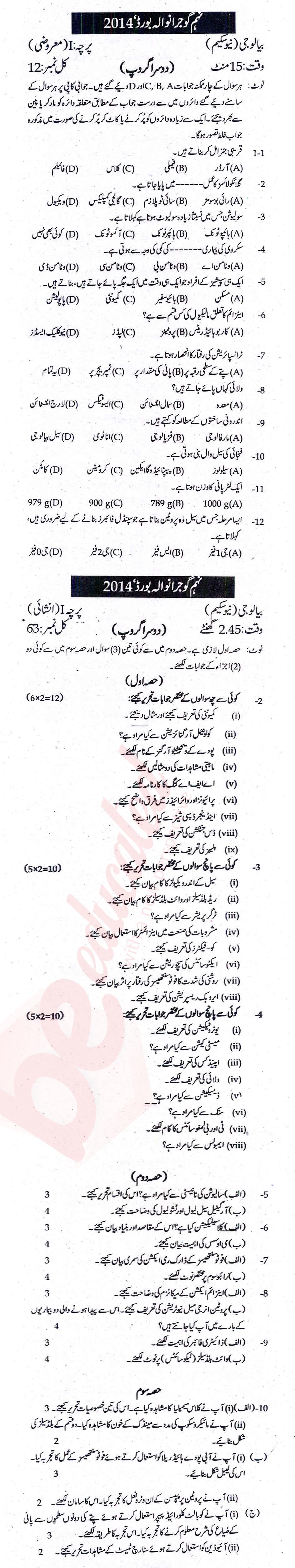 Biology 9th Urdu Medium Past Paper Group 2 BISE Gujranwala 2014