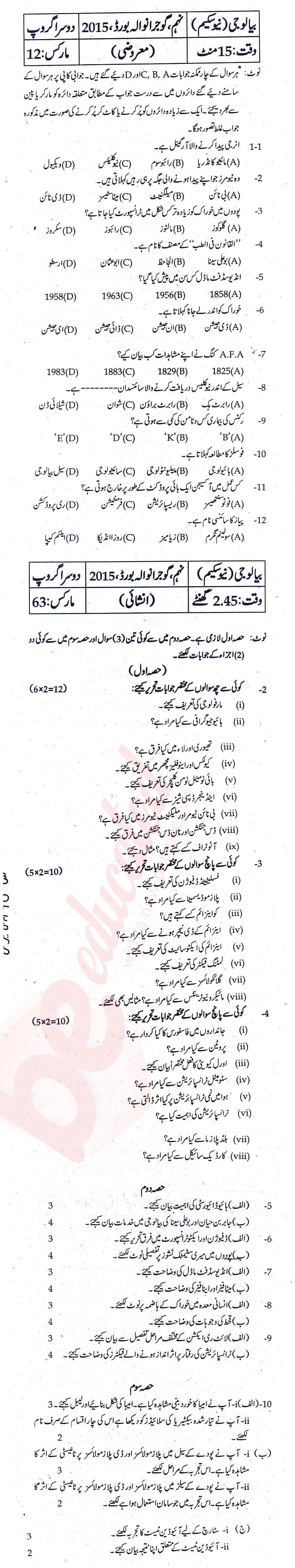 Biology 9th Urdu Medium Past Paper Group 2 BISE Gujranwala 2015