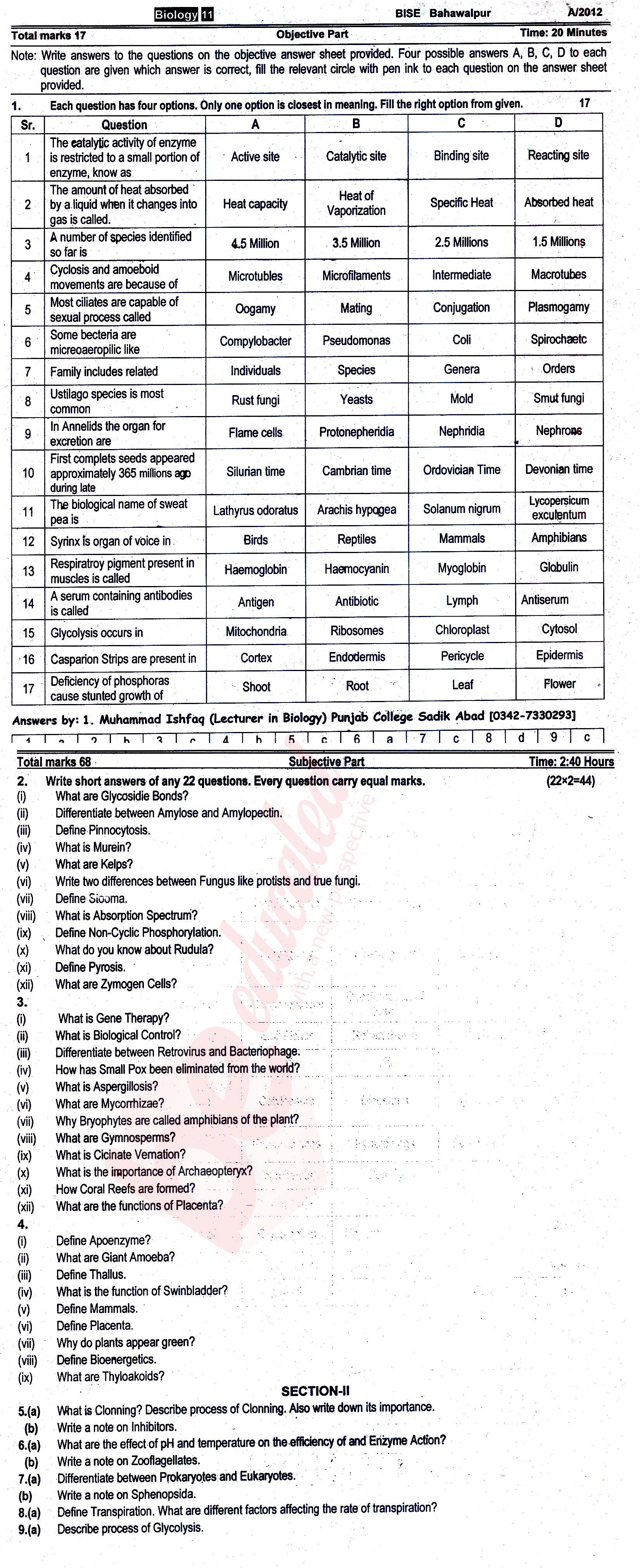 Biology FSC Part 1 Past Paper Group 1 BISE Bahawalpur 2012