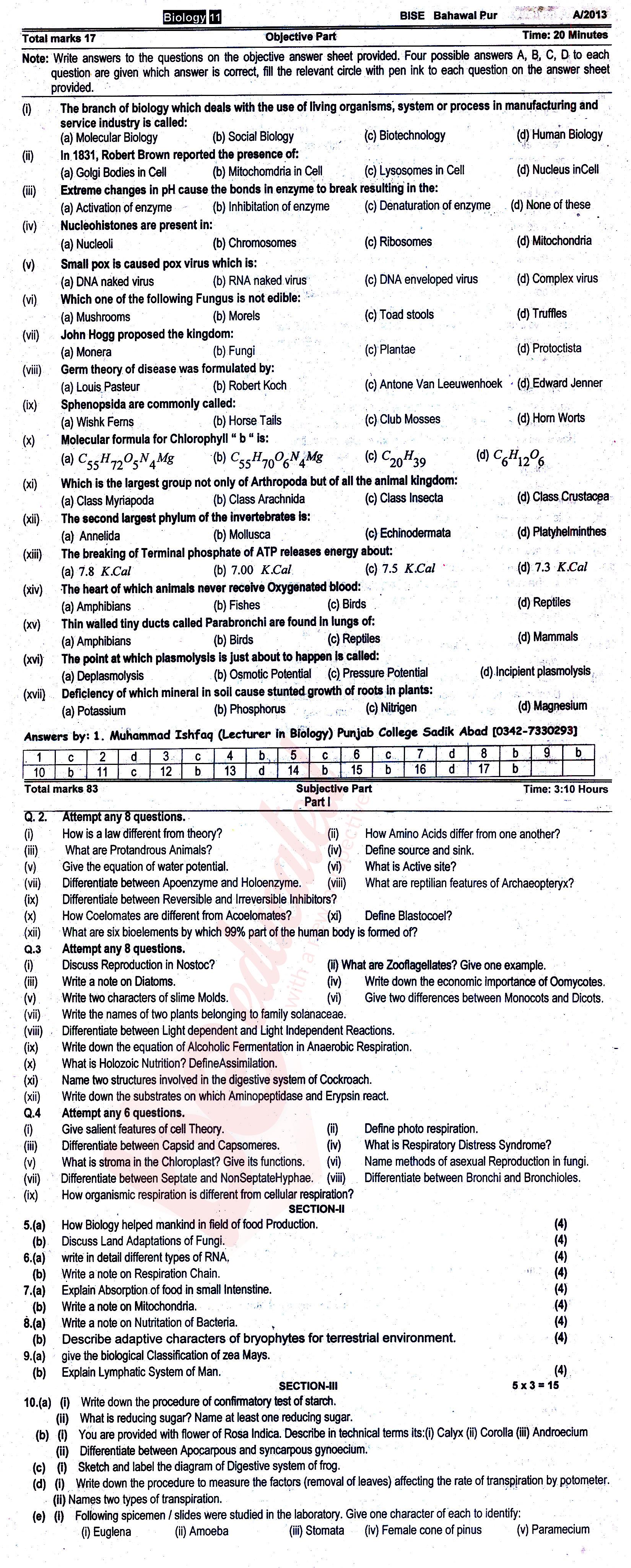 Biology FSC Part 1 Past Paper Group 1 BISE Bahawalpur 2013