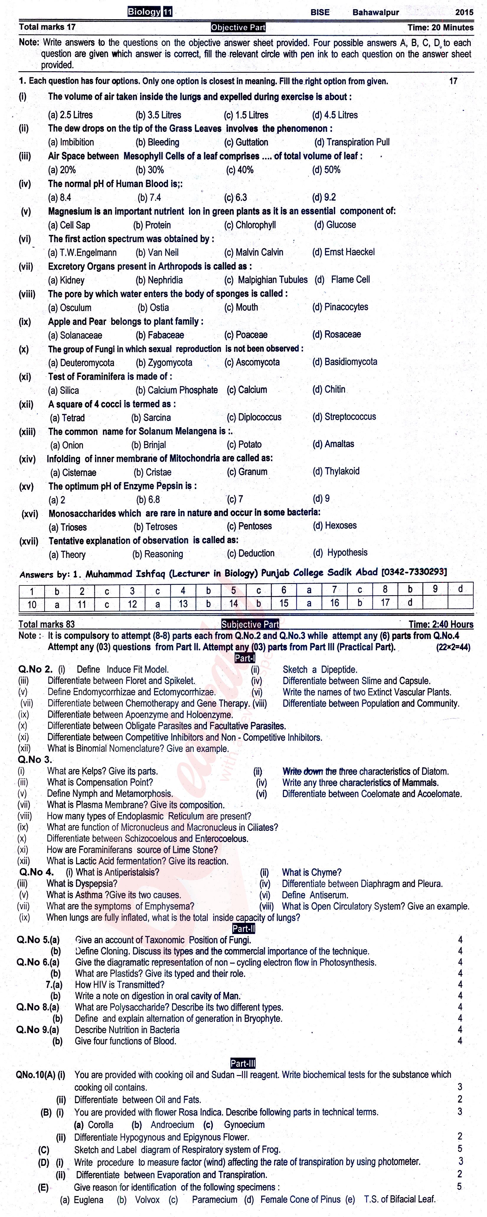 Biology FSC Part 1 Past Paper Group 1 BISE Bahawalpur 2015