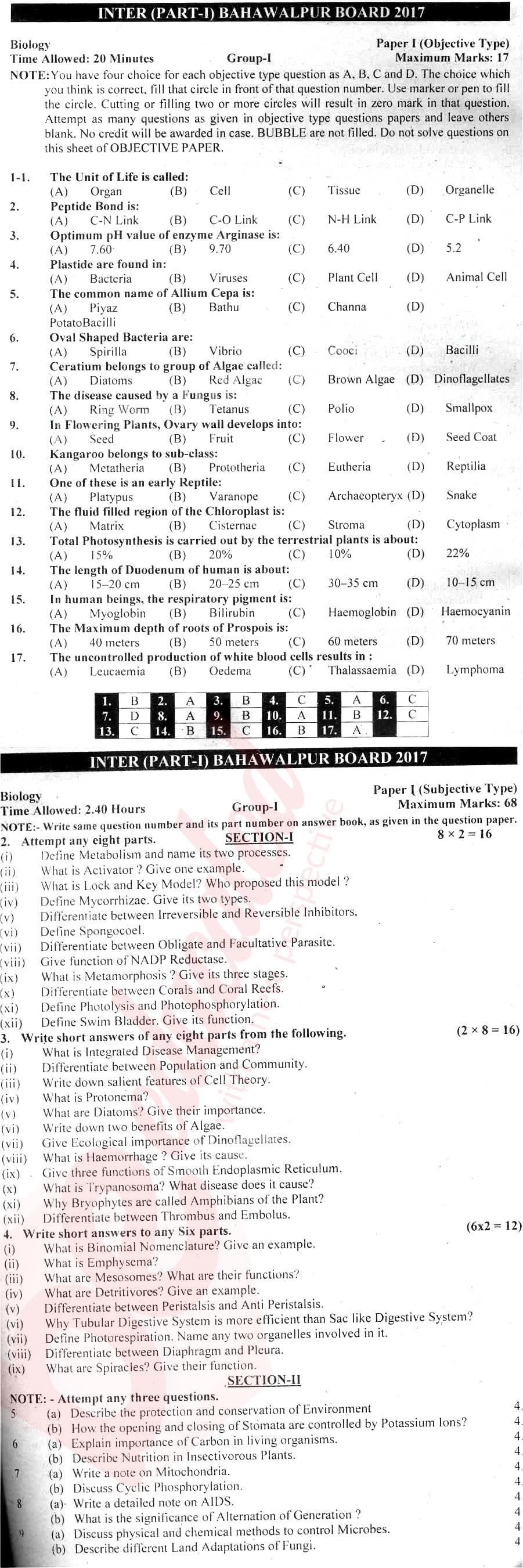 Biology FSC Part 1 Past Paper Group 1 BISE Bahawalpur 2017