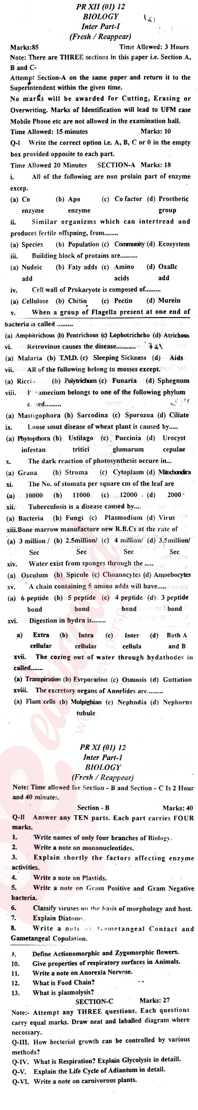 Biology FSC Part 1 Past Paper Group 1 BISE Bannu 2012