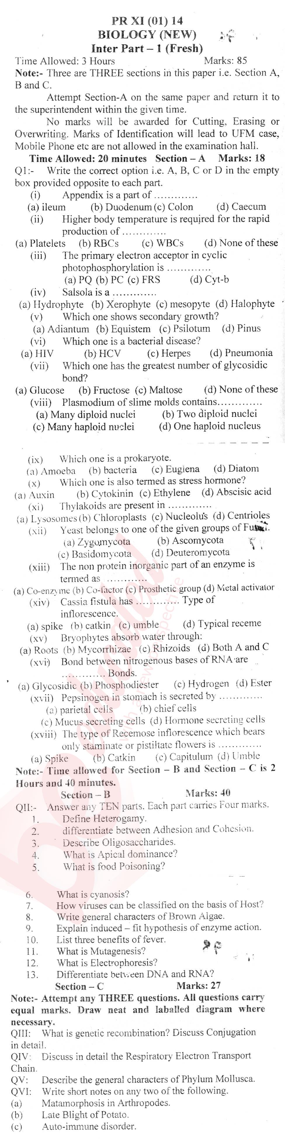 Biology FSC Part 1 Past Paper Group 1 BISE Bannu 2014