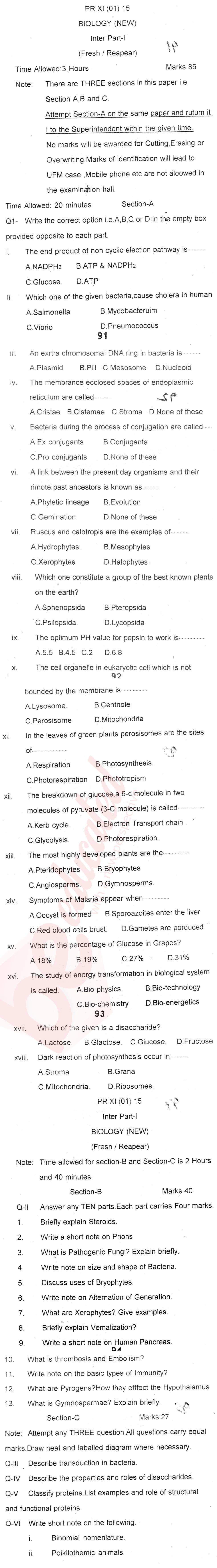 Biology FSC Part 1 Past Paper Group 1 BISE Bannu 2015