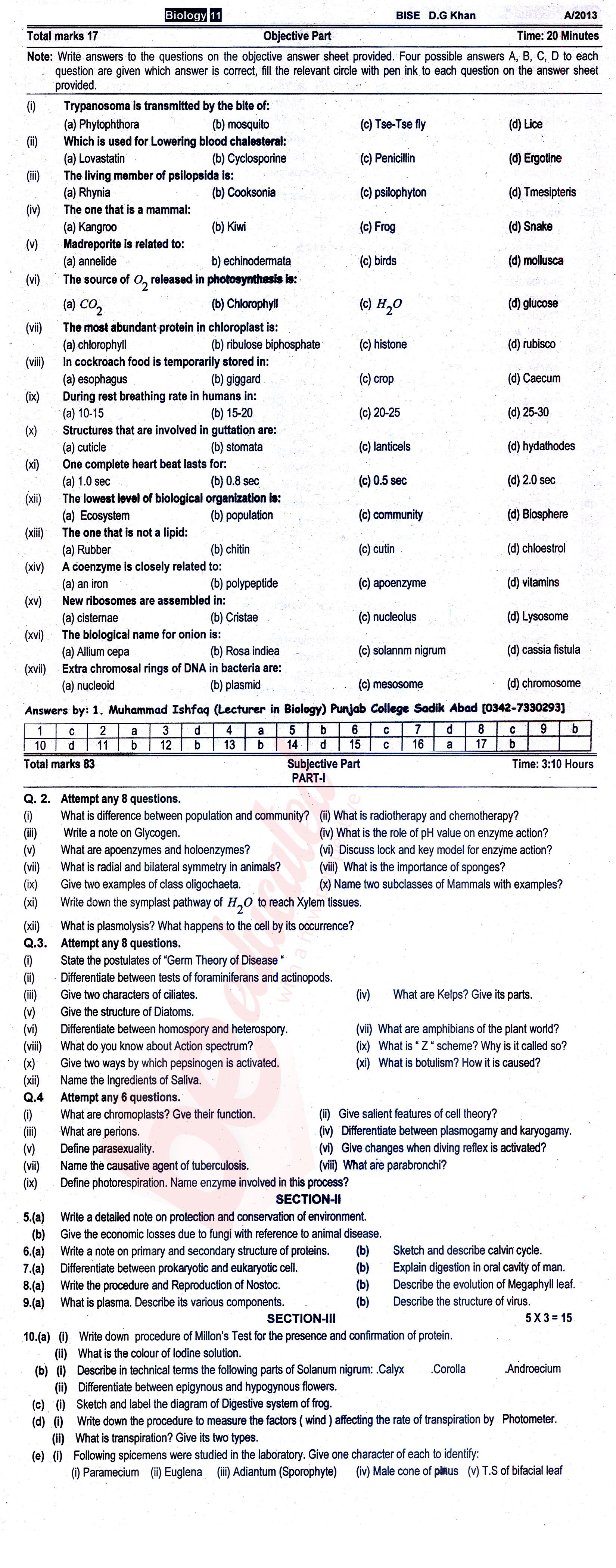 Biology FSC Part 1 Past Paper Group 1 BISE DG Khan 2013