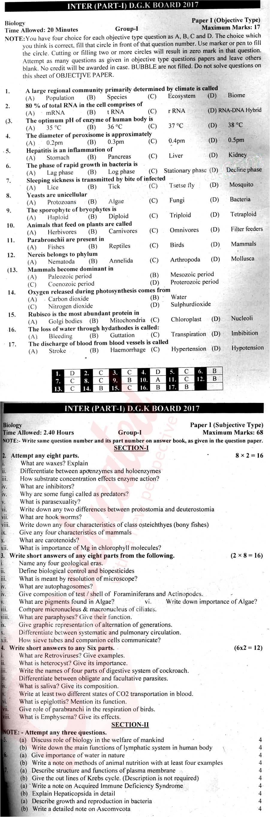 Biology FSC Part 1 Past Paper Group 1 BISE DG Khan 2017