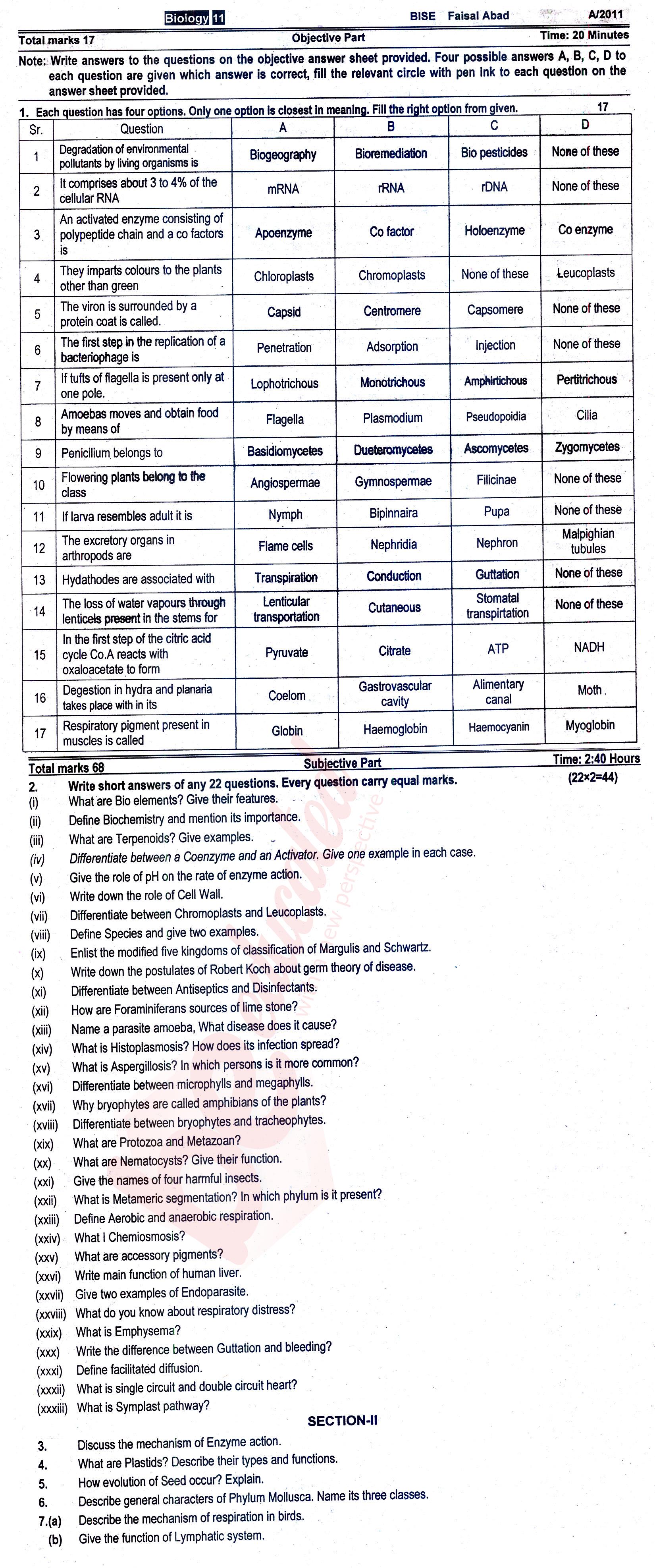 Biology FSC Part 1 Past Paper Group 1 BISE Faisalabad 2011