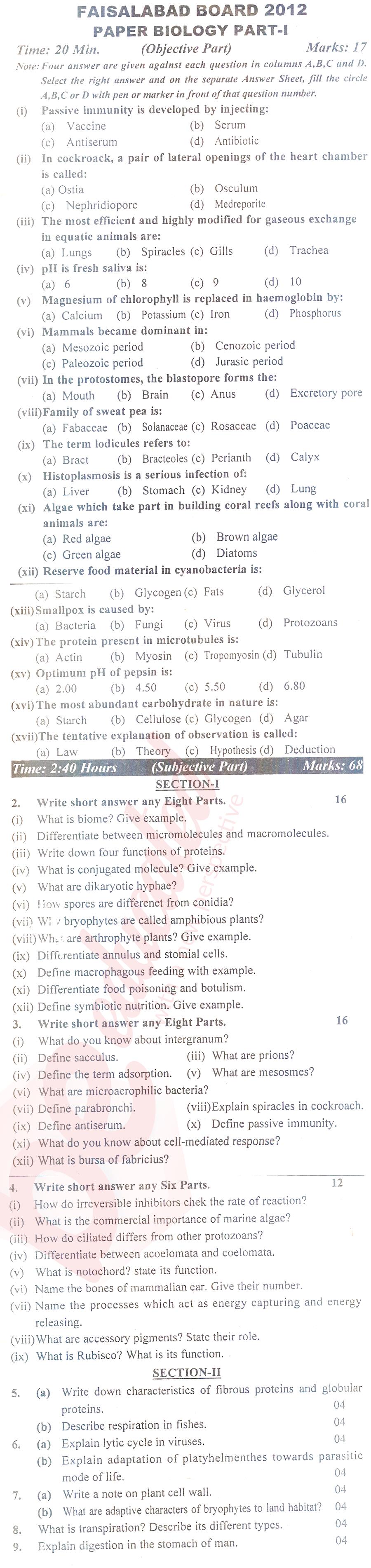 Biology FSC Part 1 Past Paper Group 1 BISE Faisalabad 2012