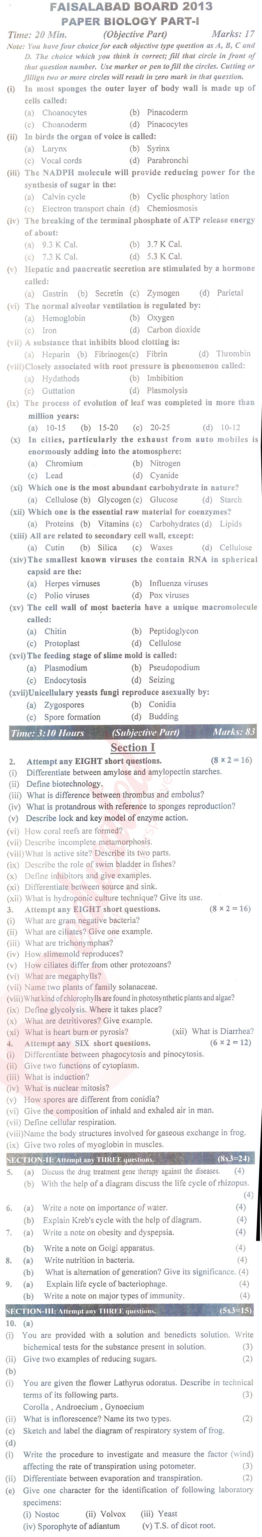 Biology FSC Part 1 Past Paper Group 1 BISE Faisalabad 2013