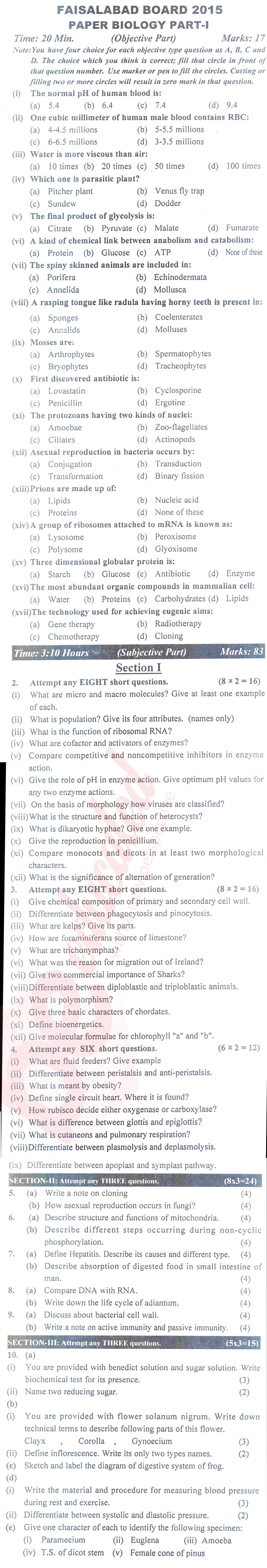 Biology FSC Part 1 Past Paper Group 1 BISE Faisalabad 2015