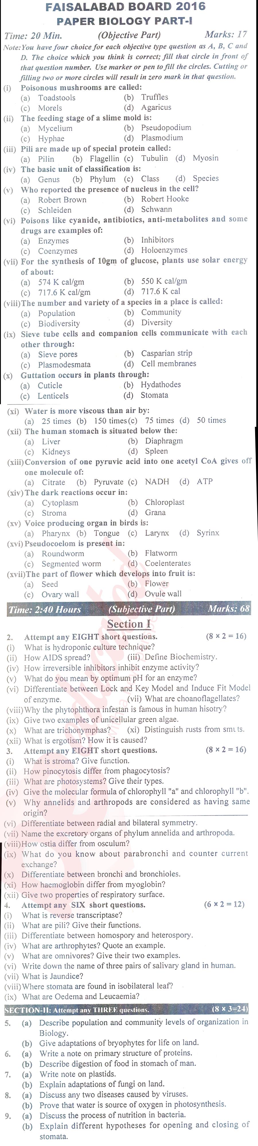 Biology FSC Part 1 Past Paper Group 1 BISE Faisalabad 2016