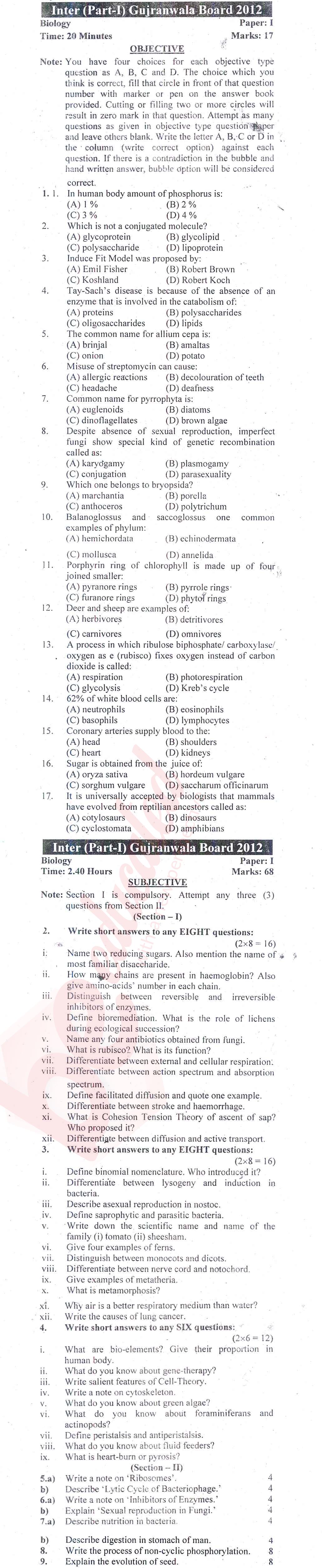 Biology FSC Part 1 Past Paper Group 1 BISE Gujranwala 2012