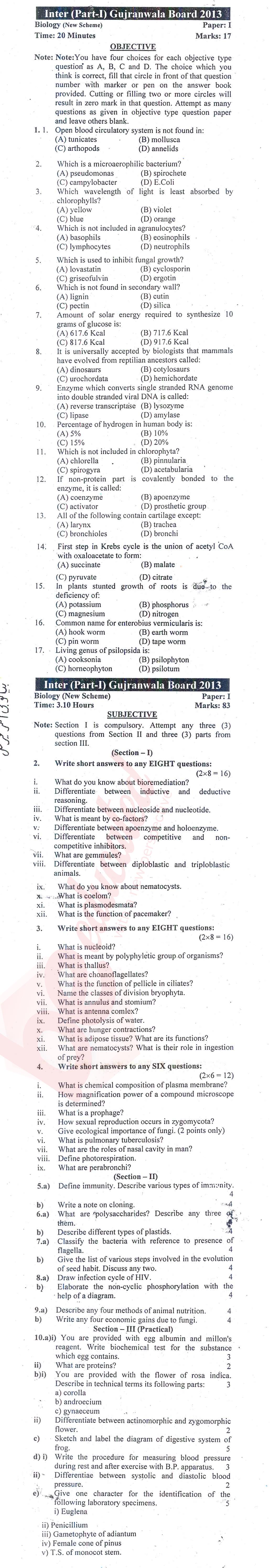 Biology FSC Part 1 Past Paper Group 1 BISE Gujranwala 2013