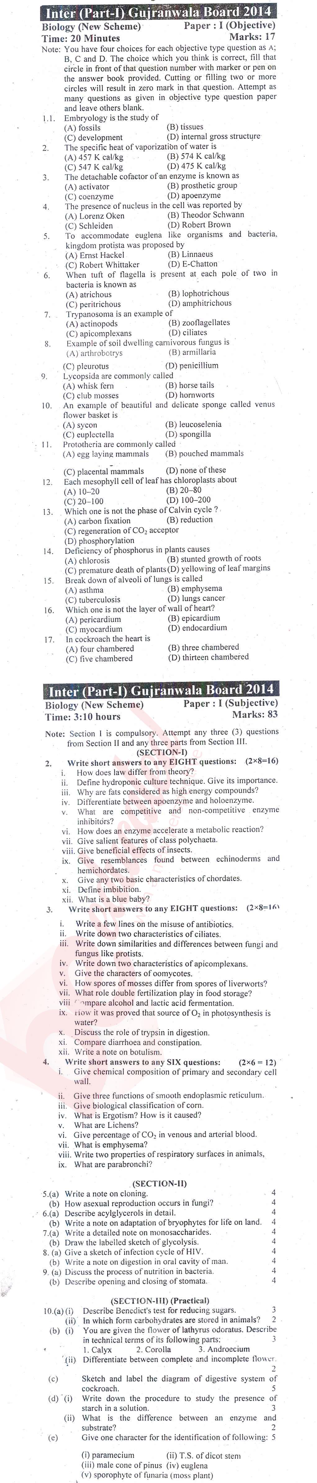 Biology FSC Part 1 Past Paper Group 1 BISE Gujranwala 2014