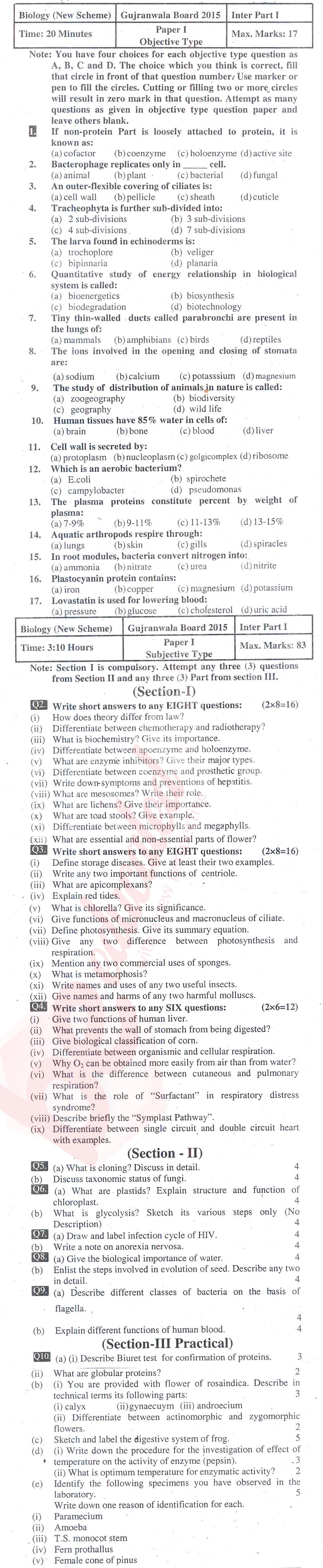 Biology FSC Part 1 Past Paper Group 1 BISE Gujranwala 2015