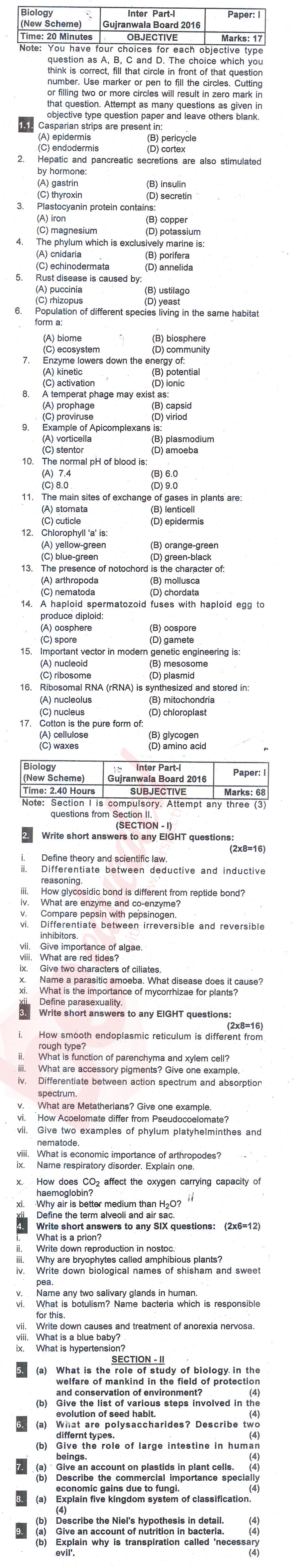 Biology FSC Part 1 Past Paper Group 1 BISE Gujranwala 2016