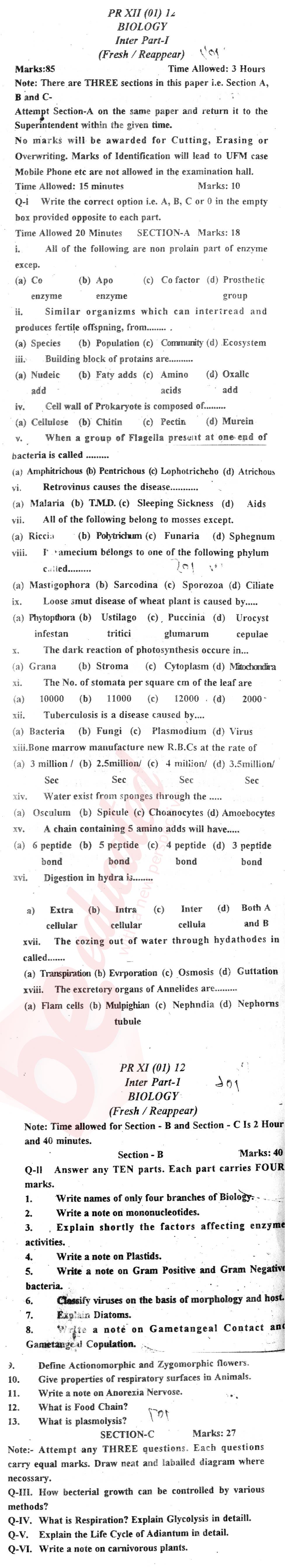 Biology FSC Part 1 Past Paper Group 1 BISE Kohat 2012