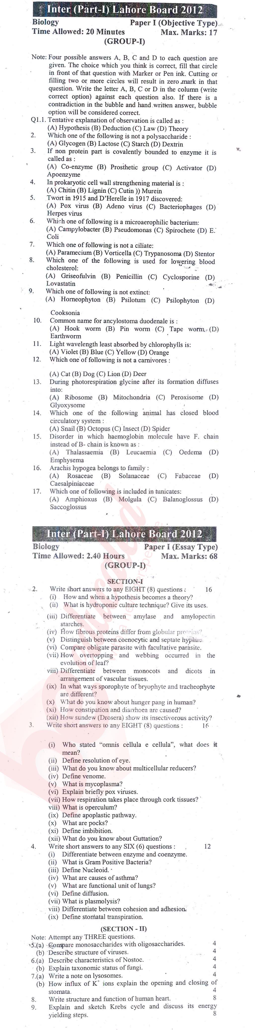 Biology FSC Part 1 Past Paper Group 1 BISE Lahore 2012