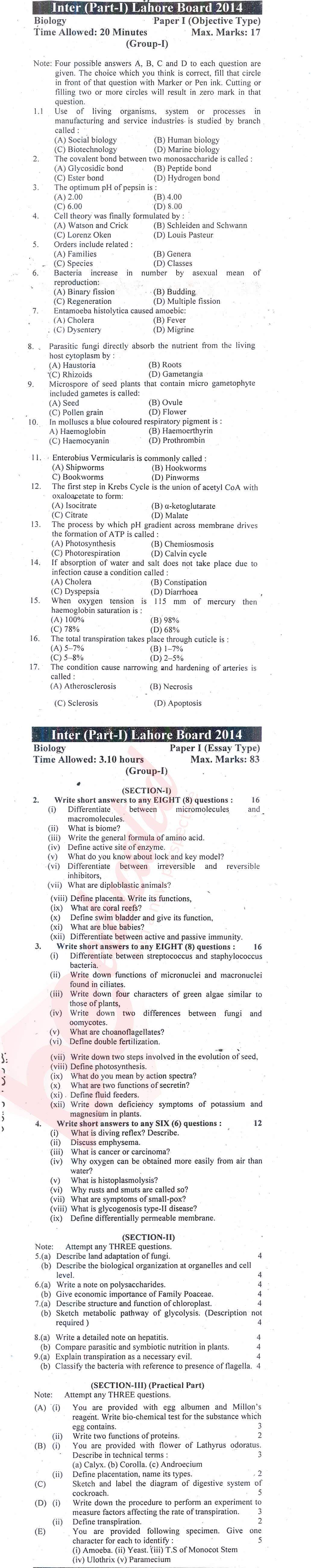 Biology FSC Part 1 Past Paper Group 1 BISE Lahore 2014