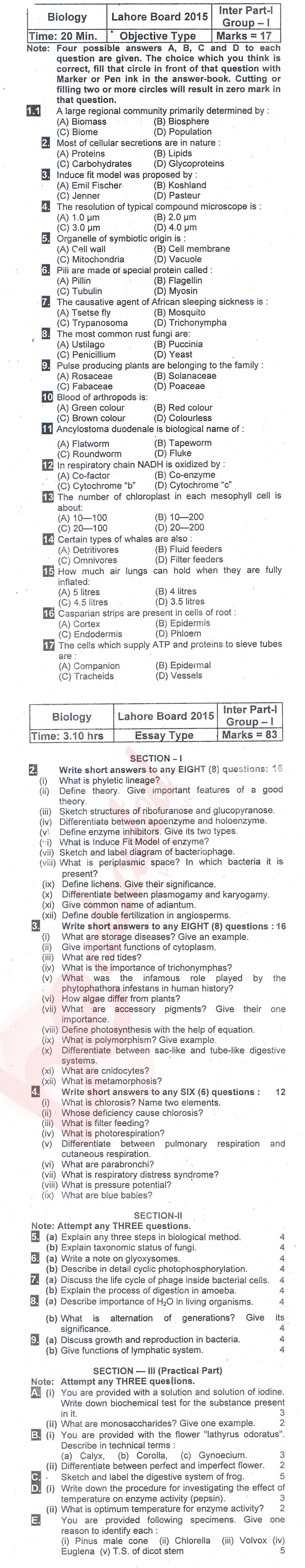 Biology FSC Part 1 Past Paper Group 1 BISE Lahore 2015