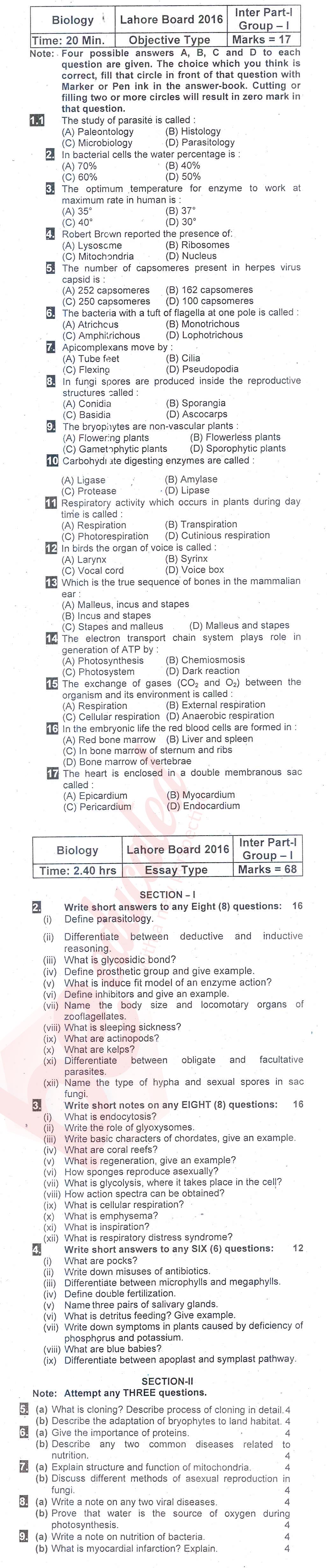 Biology FSC Part 1 Past Paper Group 1 BISE Lahore 2016