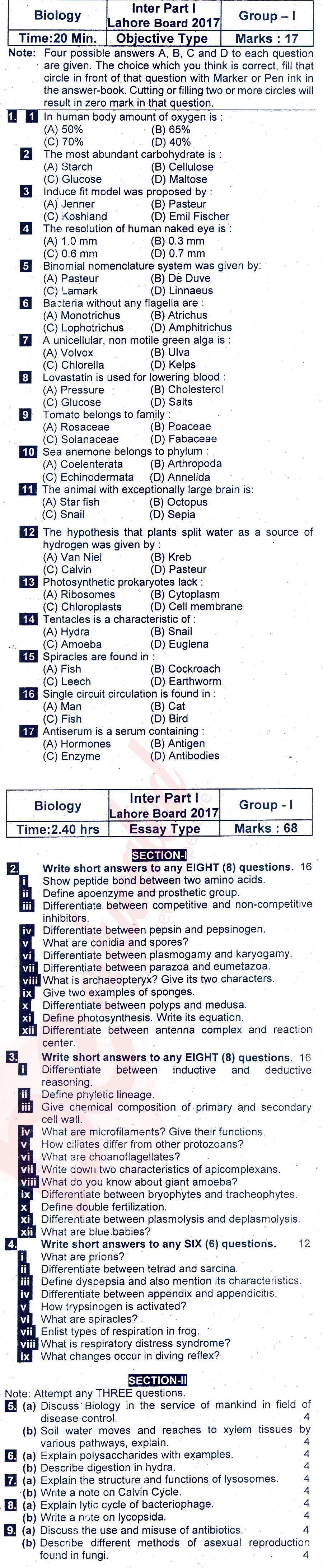 Biology FSC Part 1 Past Paper Group 1 BISE Lahore 2017