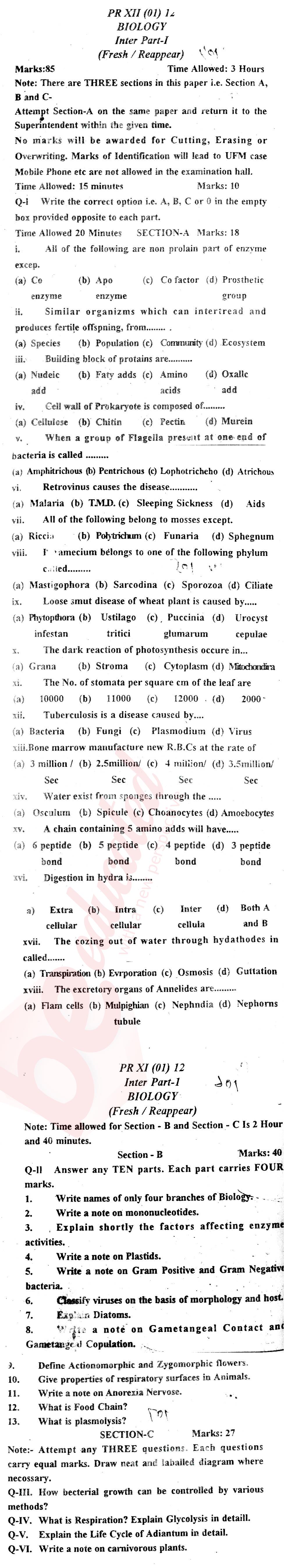 Biology FSC Part 1 Past Paper Group 1 BISE Mardan 2012