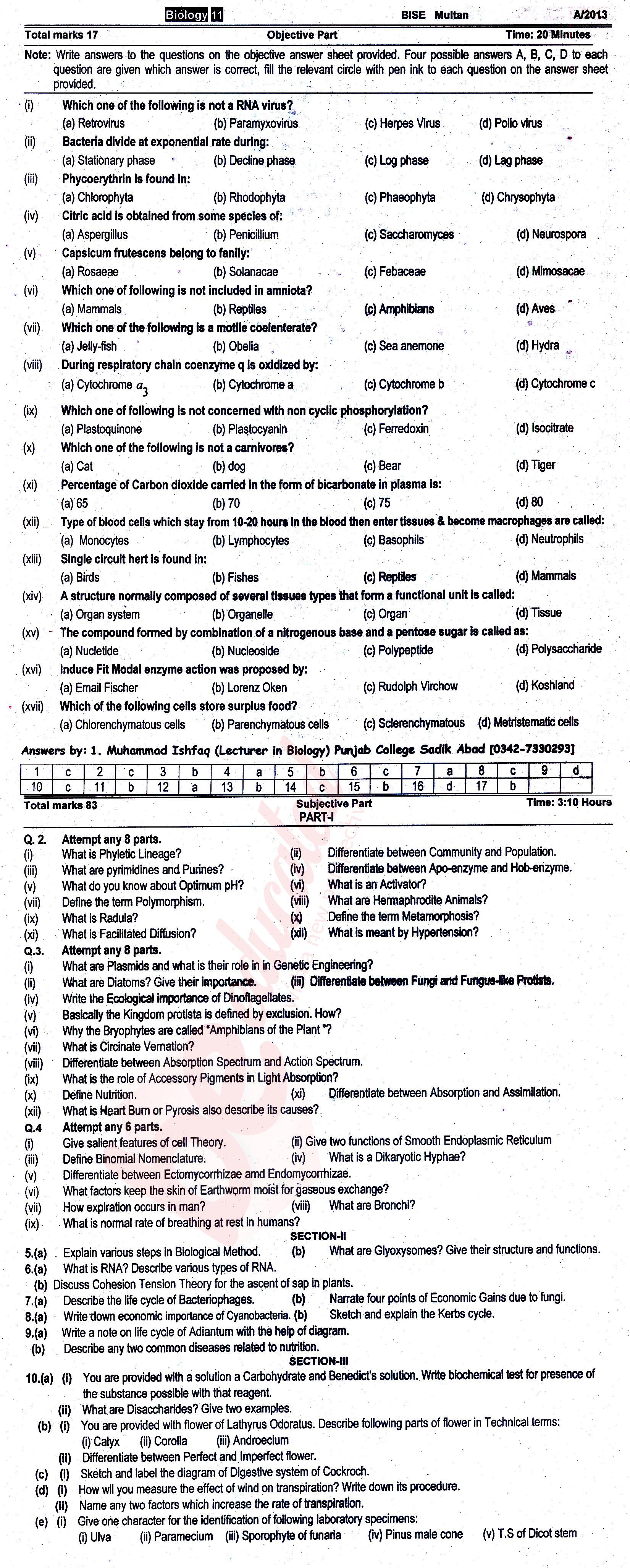 Biology FSC Part 1 Past Paper Group 1 BISE Multan 2013