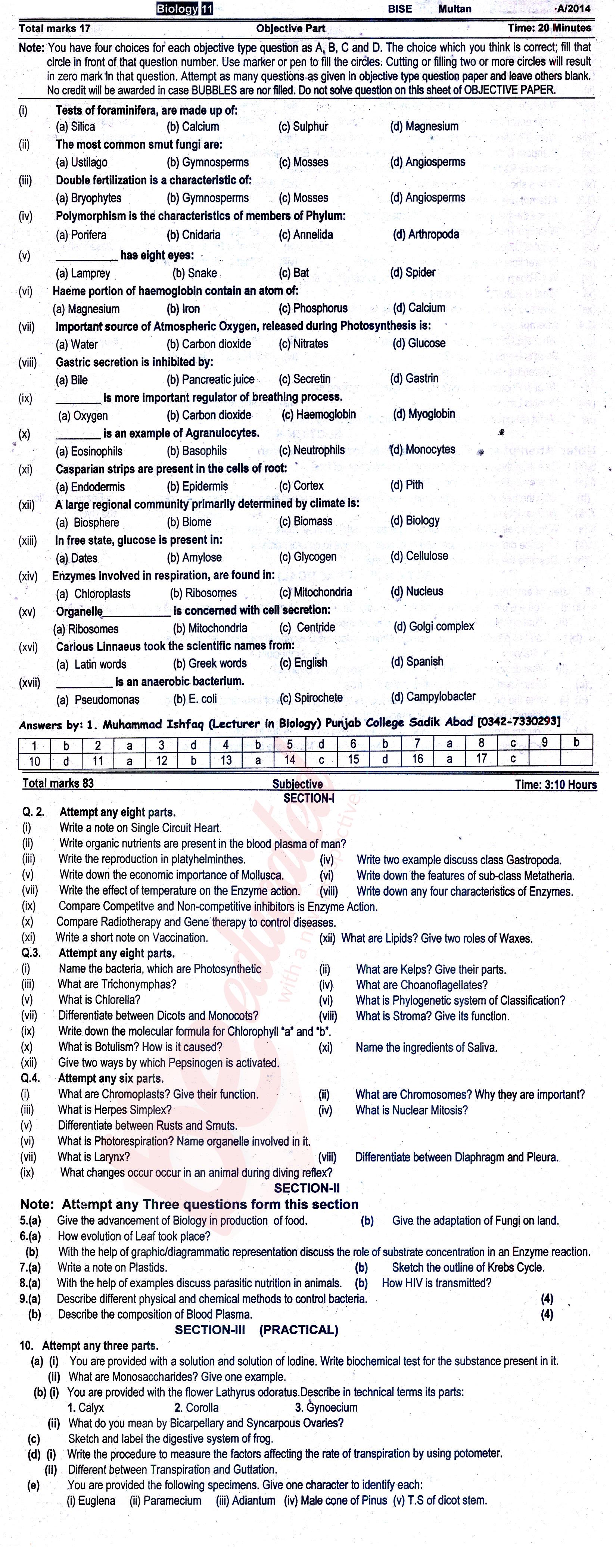 Biology FSC Part 1 Past Paper Group 1 BISE Multan 2014