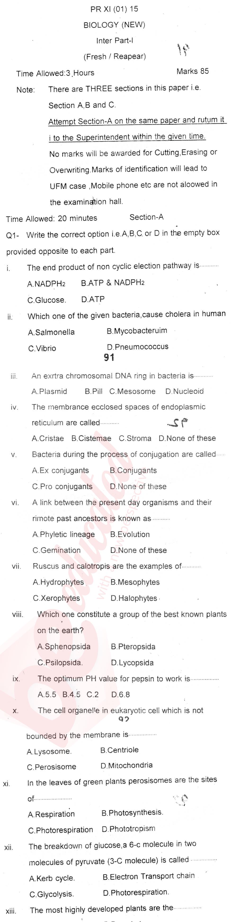 Biology FSC Part 1 Past Paper Group 1 BISE Peshawar 2015