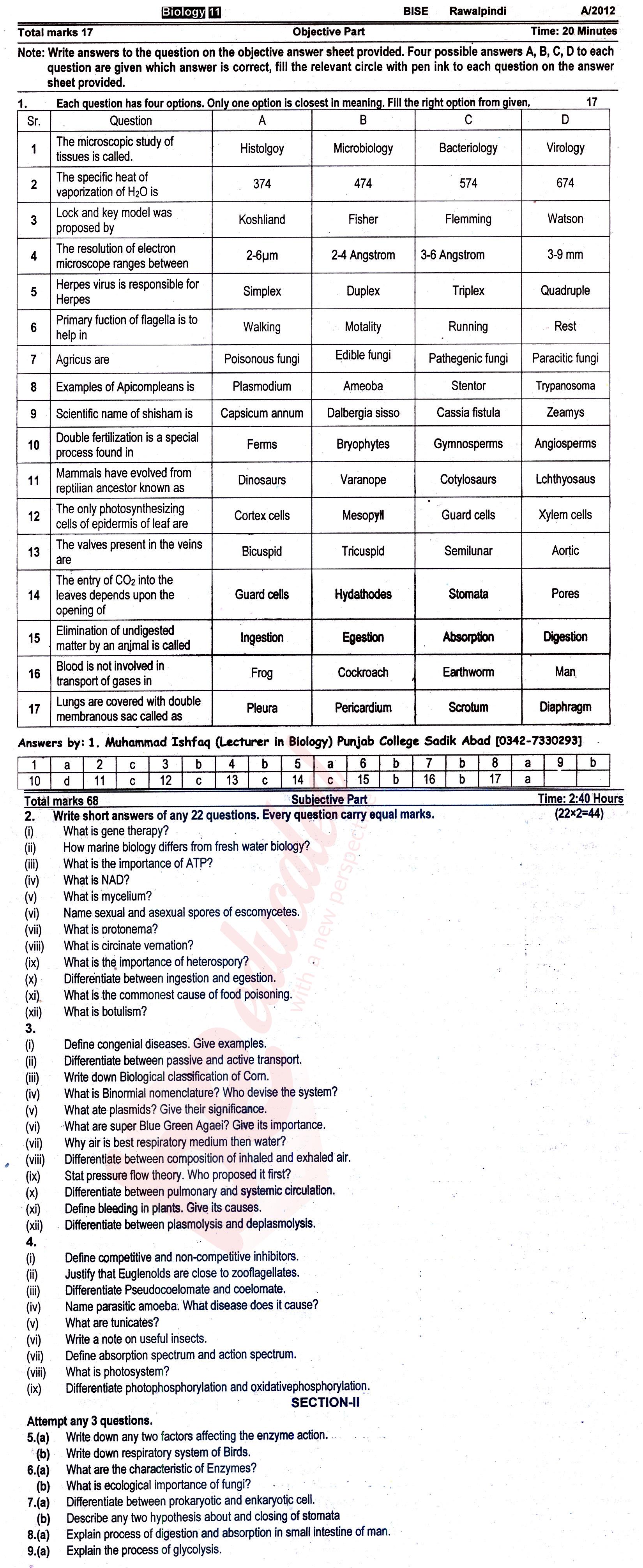 Biology FSC Part 1 Past Paper Group 1 BISE Rawalpindi 2012