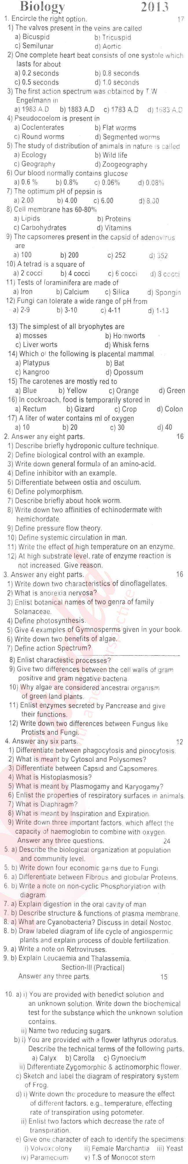 Biology FSC Part 1 Past Paper Group 1 BISE Rawalpindi 2013