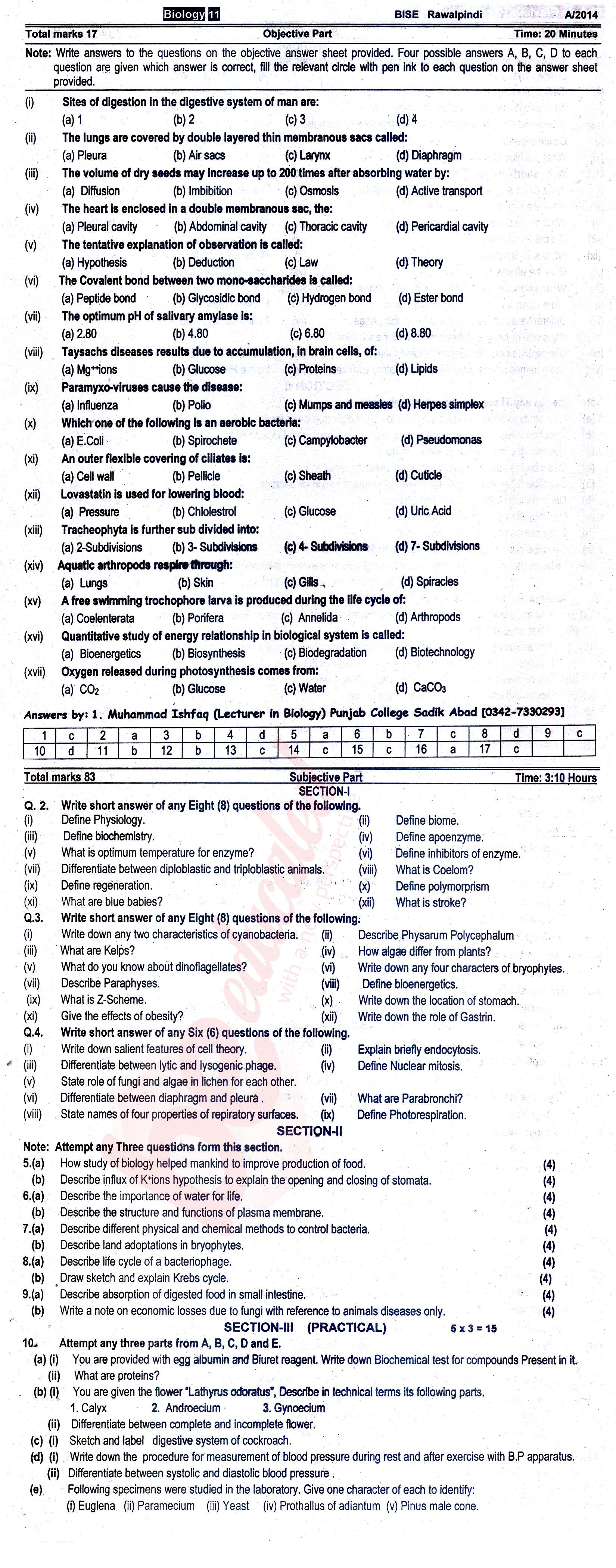 Biology FSC Part 1 Past Paper Group 1 BISE Rawalpindi 2014