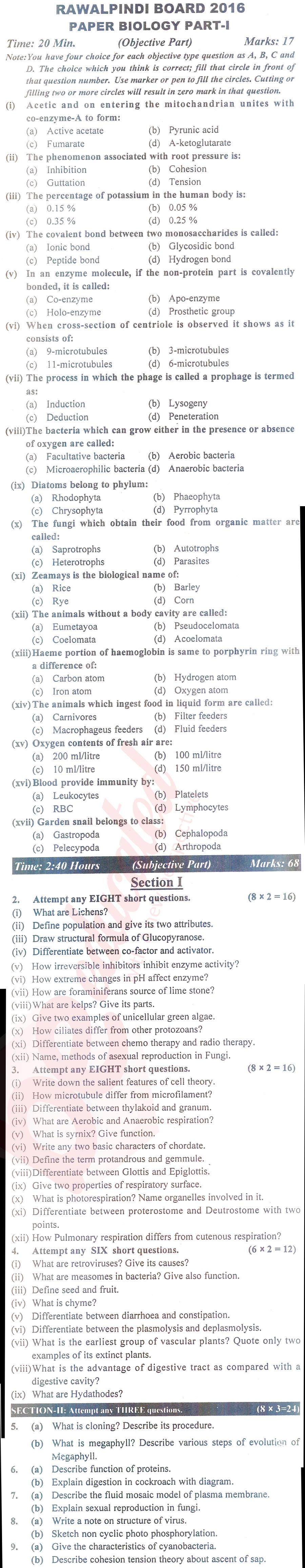 Biology FSC Part 1 Past Paper Group 1 BISE Rawalpindi 2016