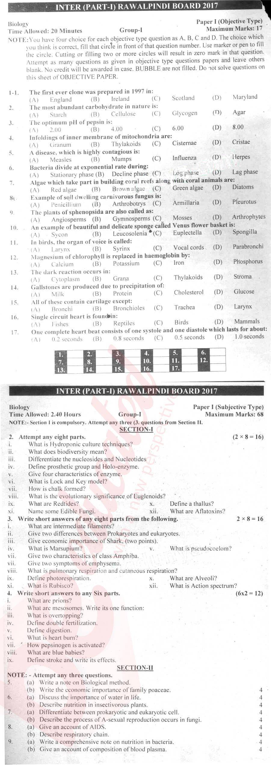 Biology FSC Part 1 Past Paper Group 1 BISE Rawalpindi 2017