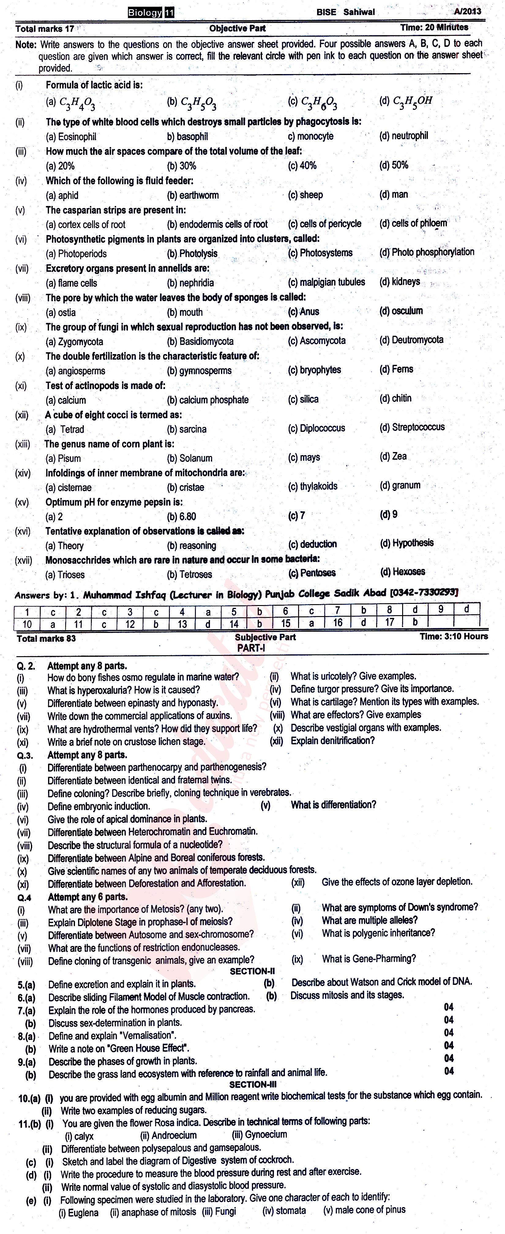 Biology FSC Part 1 Past Paper Group 1 BISE Sahiwal 2013