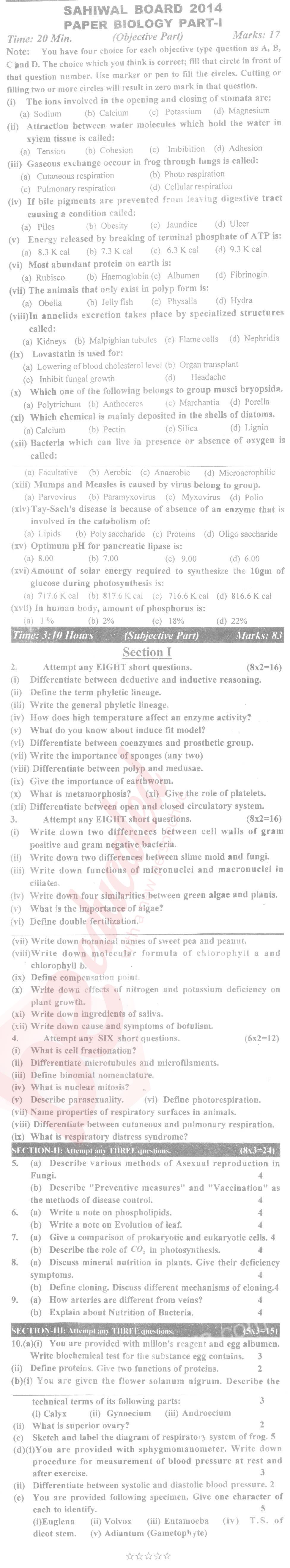 Biology FSC Part 1 Past Paper Group 1 BISE Sahiwal 2014