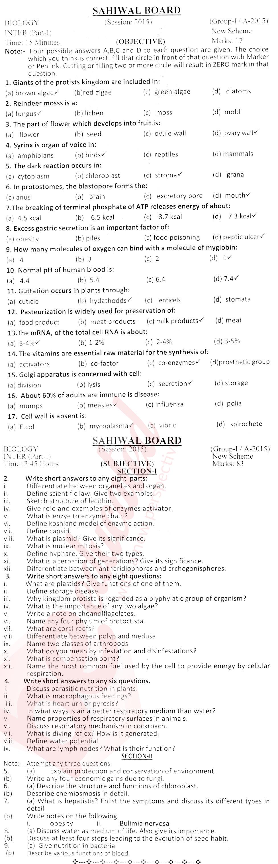 Biology FSC Part 1 Past Paper Group 1 BISE Sahiwal 2015