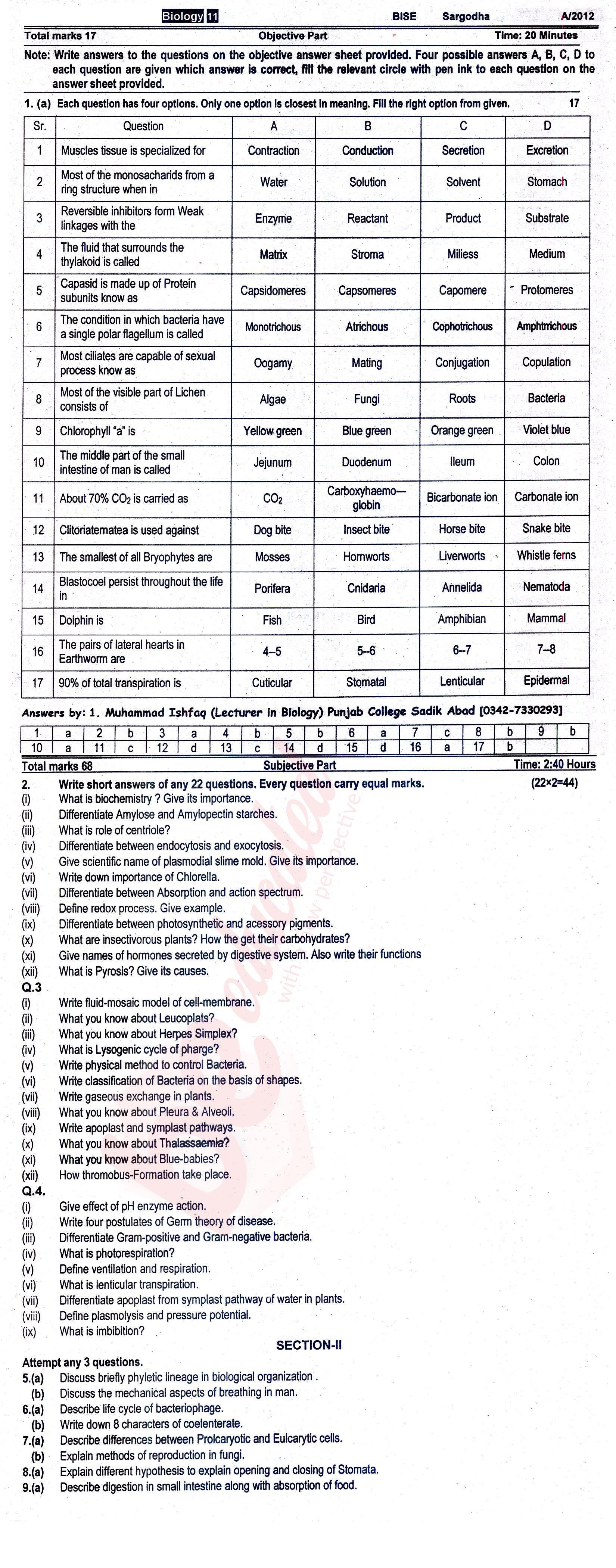 Biology FSC Part 1 Past Paper Group 1 BISE Sargodha 2012