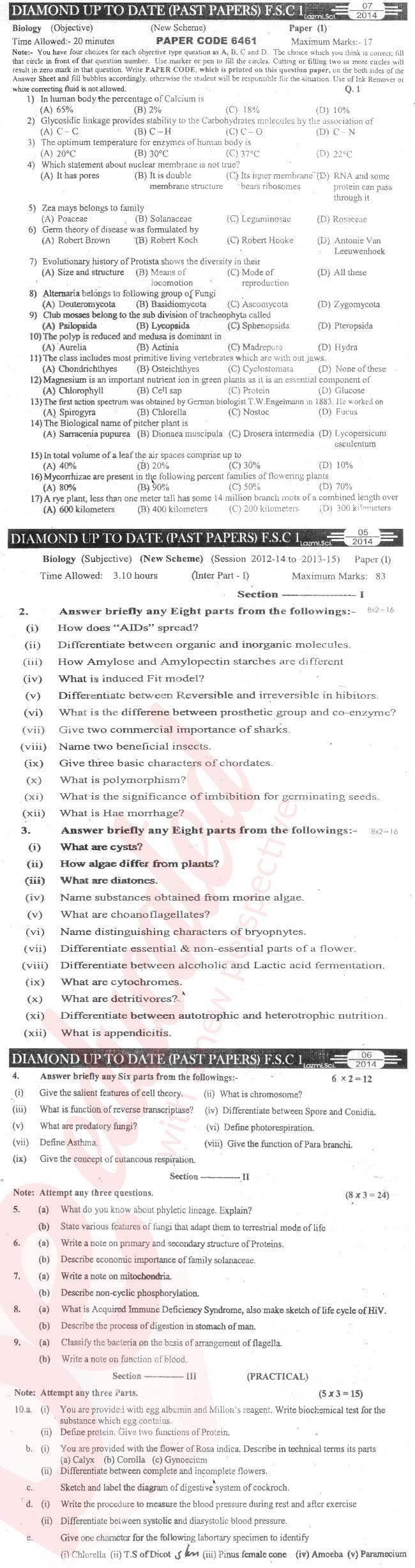 Biology FSC Part 1 Past Paper Group 1 BISE Sargodha 2014