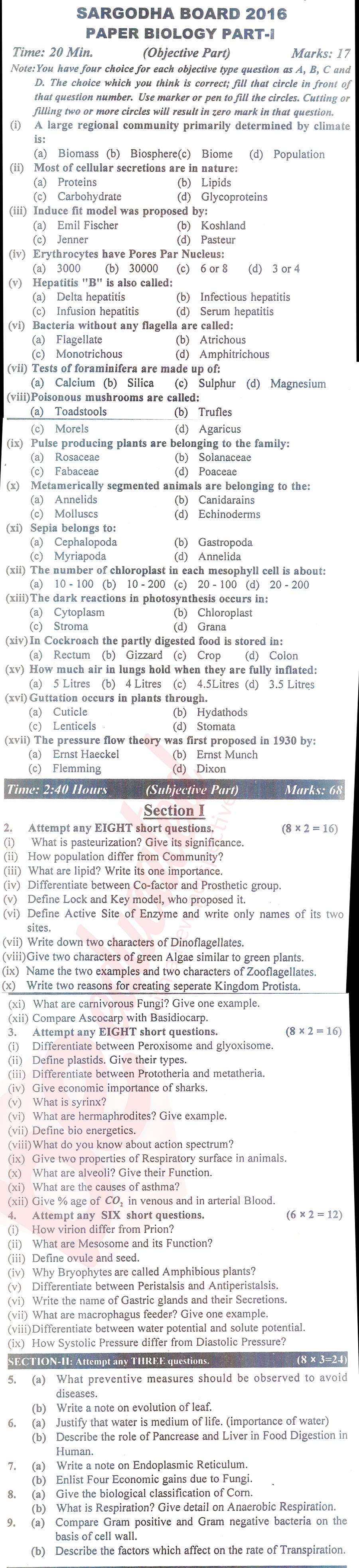 Biology FSC Part 1 Past Paper Group 1 BISE Sargodha 2016