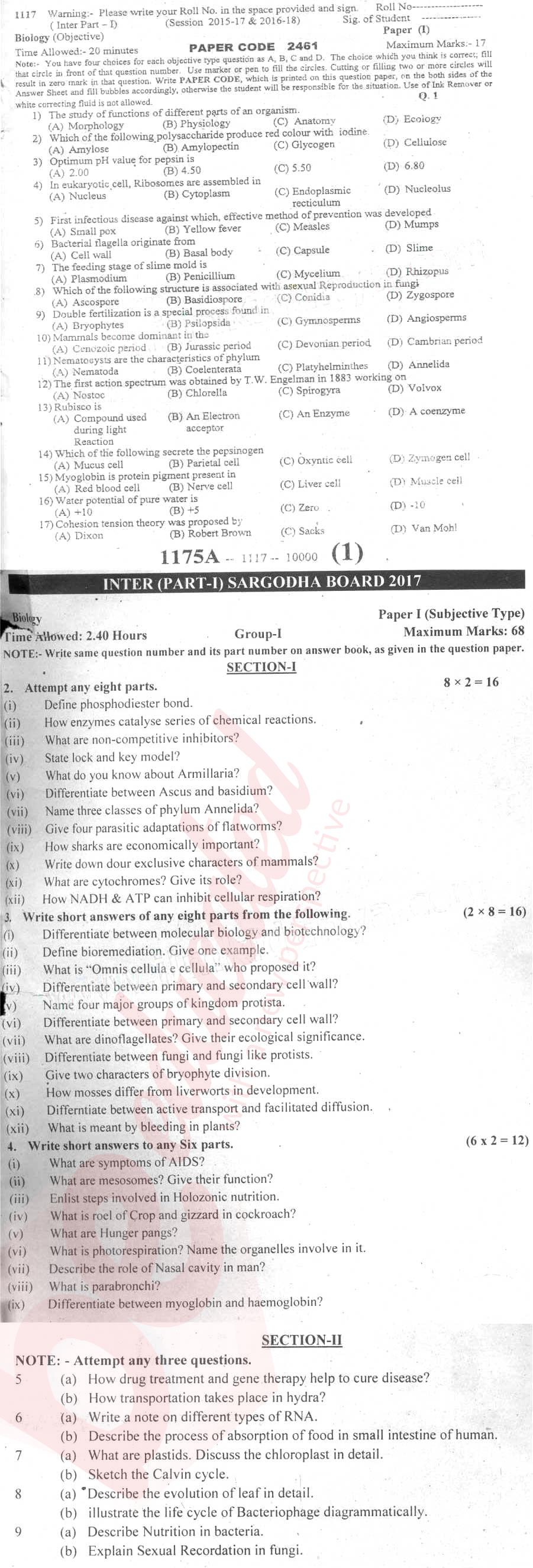 Biology FSC Part 1 Past Paper Group 1 BISE Sargodha 2017