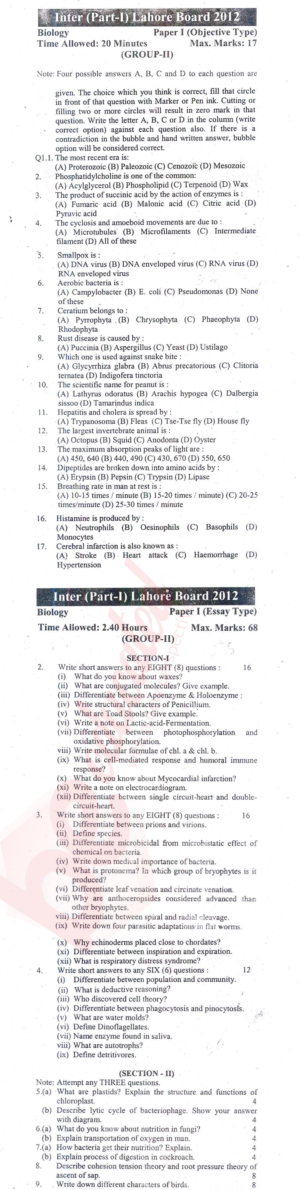 Biology FSC Part 1 Past Paper Group 2 BISE Lahore 2012