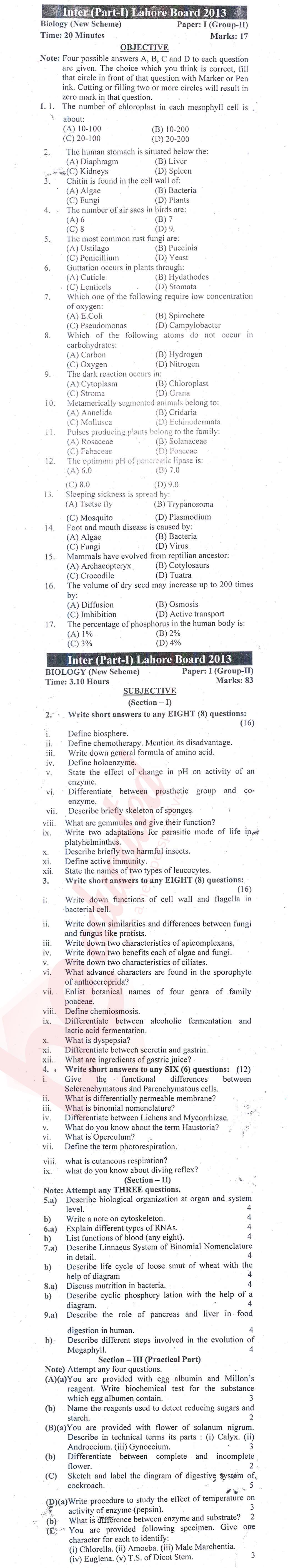 Biology FSC Part 1 Past Paper Group 2 BISE Lahore 2013