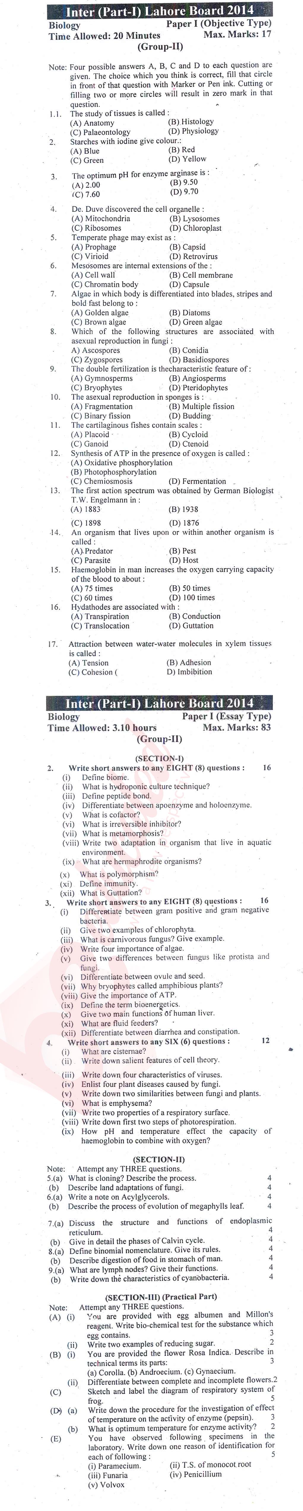 Biology FSC Part 1 Past Paper Group 2 BISE Lahore 2014