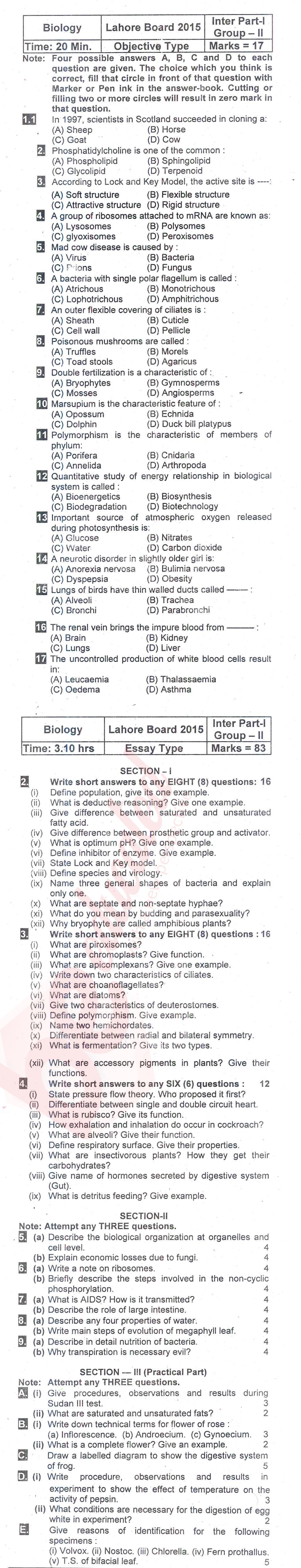 Biology FSC Part 1 Past Paper Group 2 BISE Lahore 2015