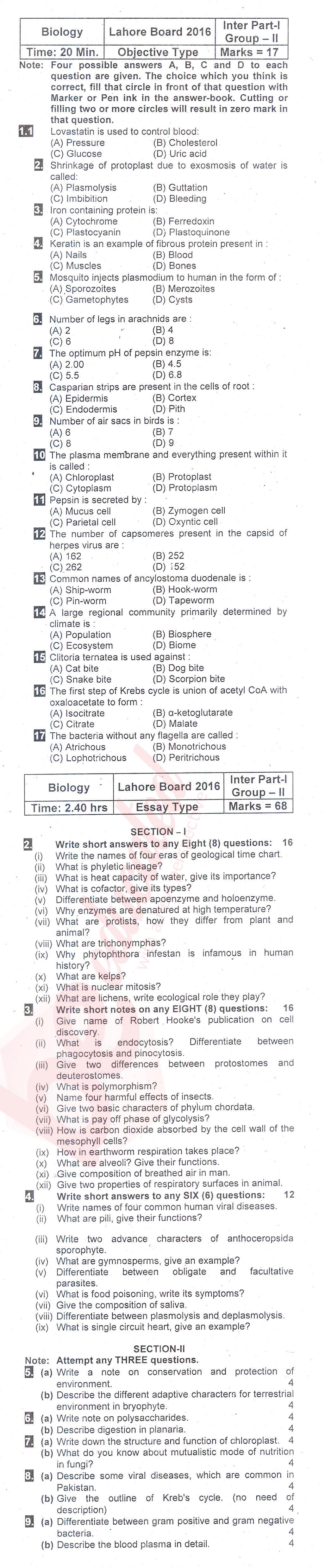 Biology FSC Part 1 Past Paper Group 2 BISE Lahore 2016