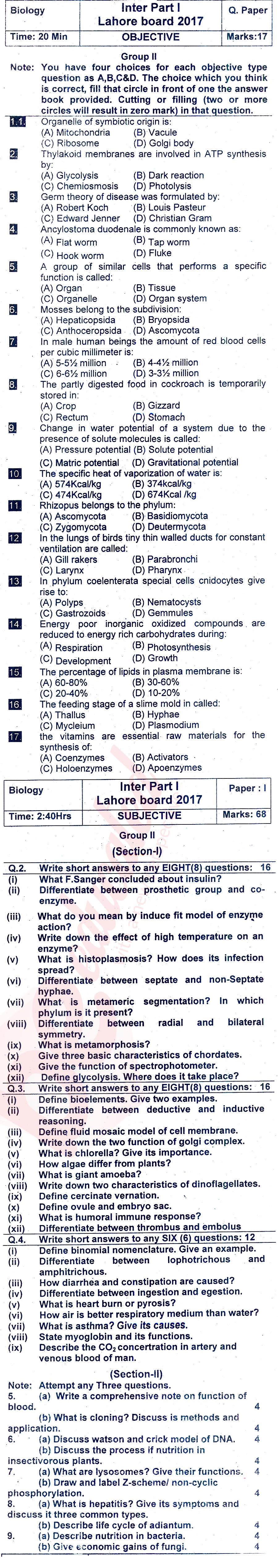 Biology FSC Part 1 Past Paper Group 2 BISE Lahore 2017