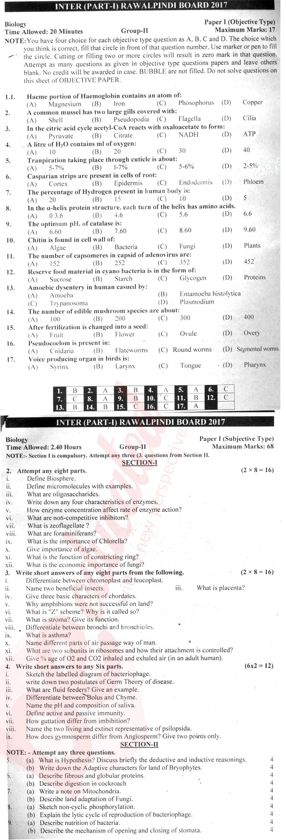 Biology FSC Part 1 Past Paper Group 2 BISE Rawalpindi 2017